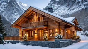 Luxury alpine chalet with warm lights at sunset in a snowy ski resort