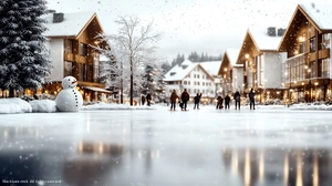 Luxury St. Moritz frozen lake with people walking and alpine town background