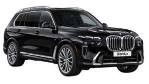 Black BMW X7 shown from the front three-quarter view with a Blacklux plate