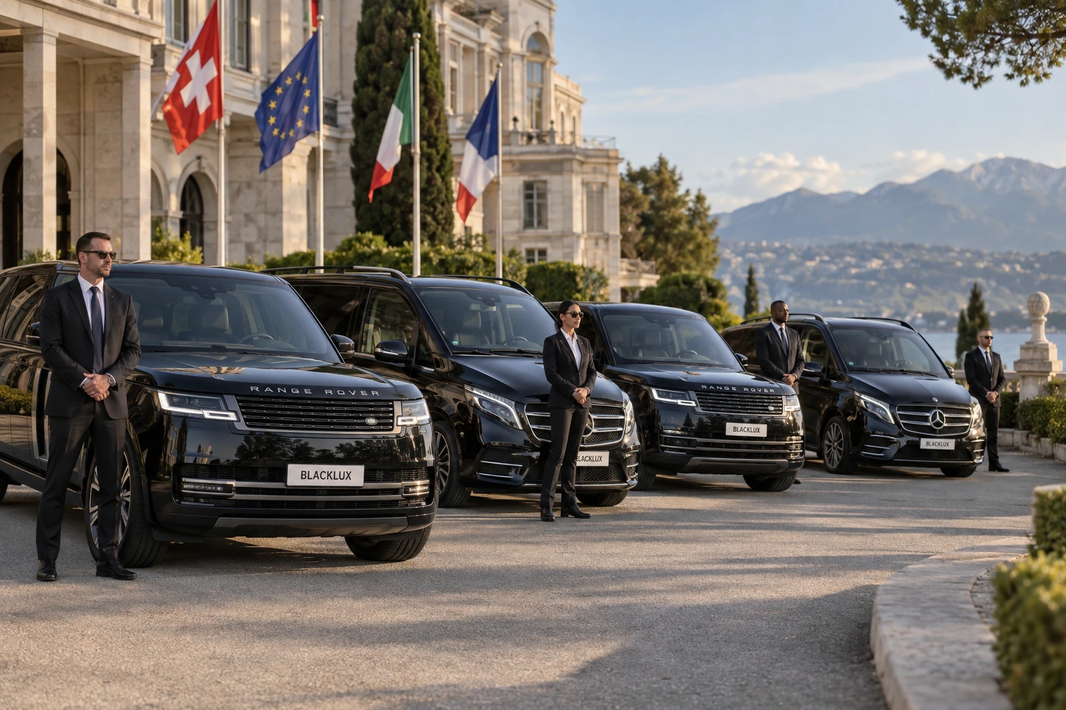 Black Range Rover SUVs and Mercedes-Benz V-Class vans with security personnel outside an institutional venue