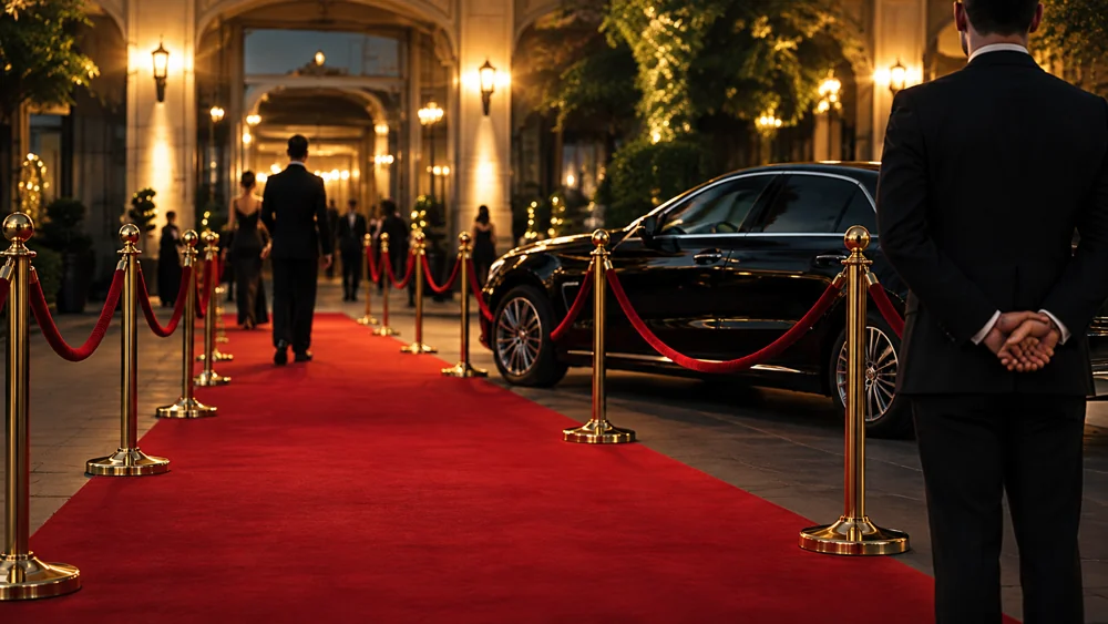 Chauffeur and black executive sedan at a formal evening reception