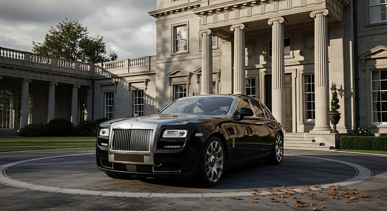Black Rolls-Royce outside a classical residence