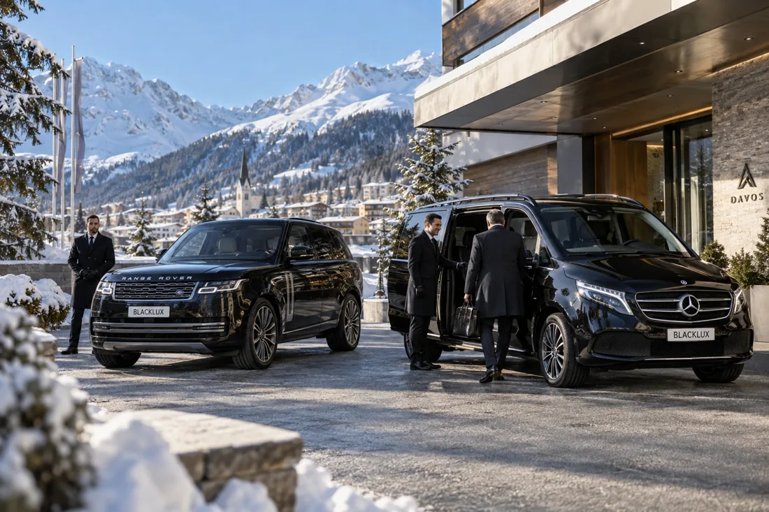 Illustrative winter chauffeur service with a black Range Rover and Mercedes-Benz V-Class outside an Alpine hotel
